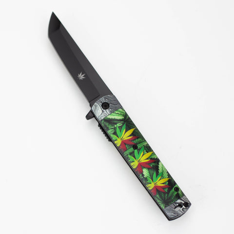 8" Leaves Design Handle Black Blade Folding Knife [13880]_0